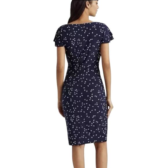 Ralph Lauren Geometric Dot Faux Wrap Ruched Flutter Sleeve Sheath Dress Size 14 - Picture 3 of 11